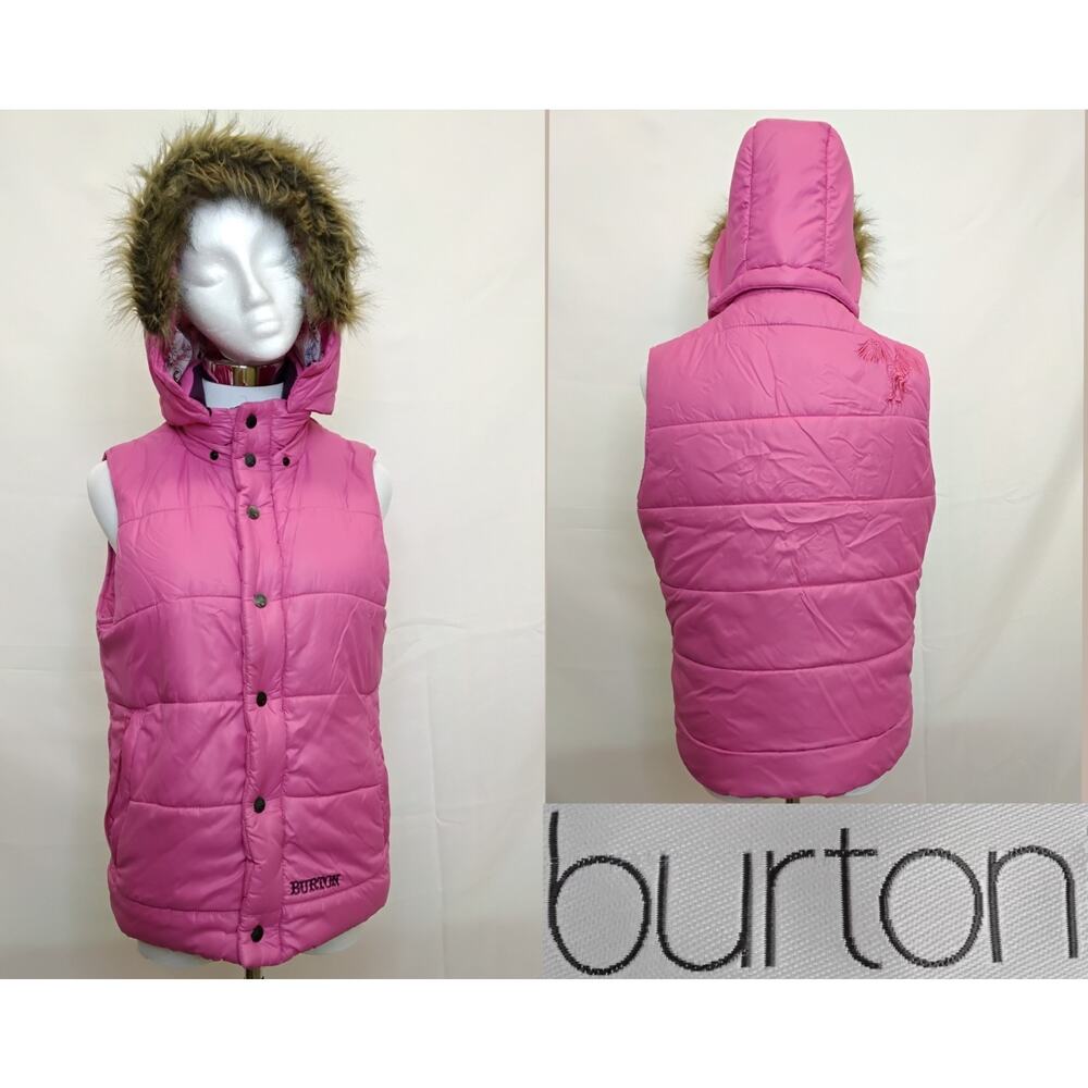 Burton Puffy Vest Women's M Pink Faux Fur Ruff Embroidered #Z5333